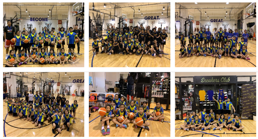 a montage of 6 pictures. Pictures shows pupils posing as a group at different occasions with basketballs